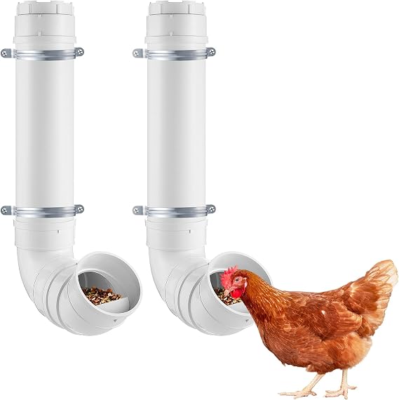 2 Set Automatic Chicken Feeder No Waste - 13 Pounds Large Capacity Heavy Duty PVC Pipe Hanging Chicken Feeder, Poultry Gravity Feed Port for Chicken Long Feeding