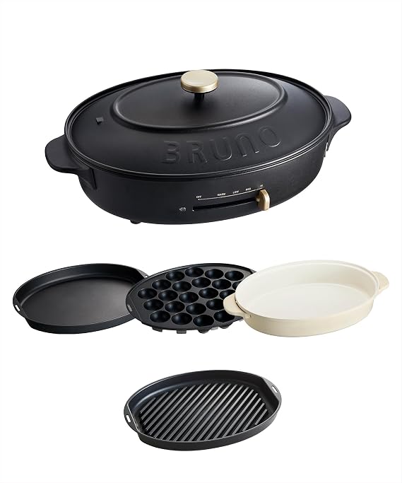 BRUNO BOE053-BK Oval Hot Plate, Main Body, 4 Types of Plates Takoyaki, Deep Pot, Flat/Half, Black, Stylish, Cute, 1 Stand, Lid, 1,200 W, Temperature Adjustment, Easy to Clean, For 1 Person, 2