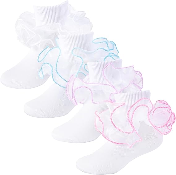 Girls Ruffle Socks Toddler Double Lace Frilly Socks Turn Cuff Ruffle Dress Socks Pageant Sock for Little Girl Kids