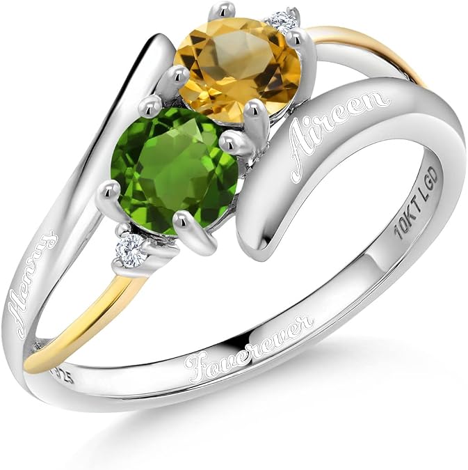 Gem Stone King Customized Personalized Engraved 2-Stone Ring for Women | 925 Sterling Silver and 10K Yellow Gold | 5MM Round Gemstone Birthstone and White Lab Grown Diamond Ring