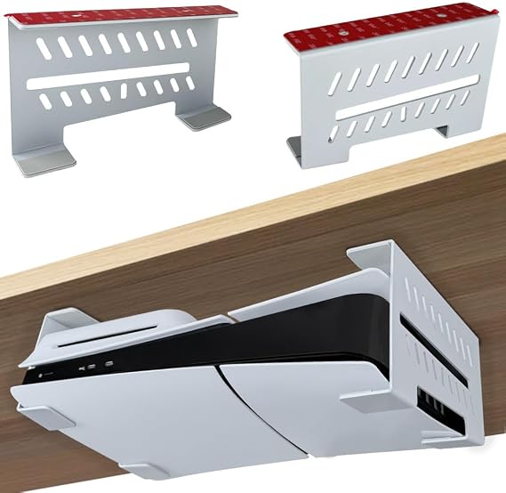 PS5 Slim/PS5 Underdesk Mount Aluminum Underdesk Holder for PlayStation 5 Slim/PS5 Disc & Digital Console No Drill White