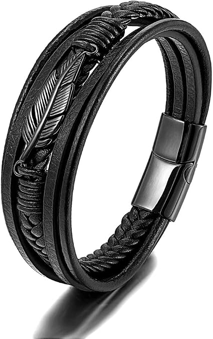 Mens Multilayer Braided Leather Bracelet Stainless Steel Feather Bracelet