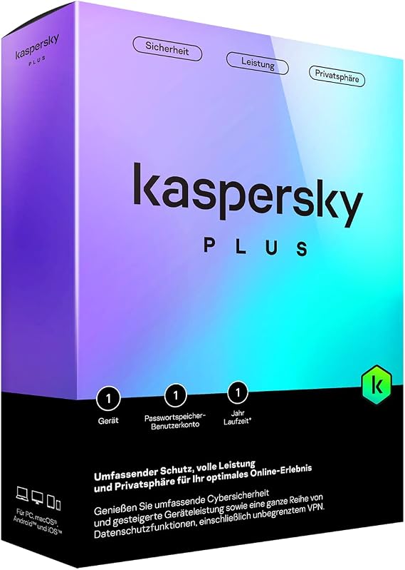 Kaspersky Plus 2023 1 Device 1 Year Comprehensive Protection with Anti-Phishing and Firewall Unlimited VPN Password Manager Online Banking Protection PC/Mac/Mobile Activation Code in Standard Packaging