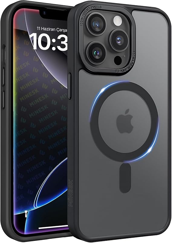 Minesk iPhone 13 Pro için Mattmag Serisi Magsafe ile Uyumlu Wireless Kablosuz Şarj Destekli Arkası Mat Kılıf Yükseltilmiş Lens Çerçeveli ve HassasTuş Takımlı Ultra Güçlü Koruma Kılıf (Siyah, 13 Pro)