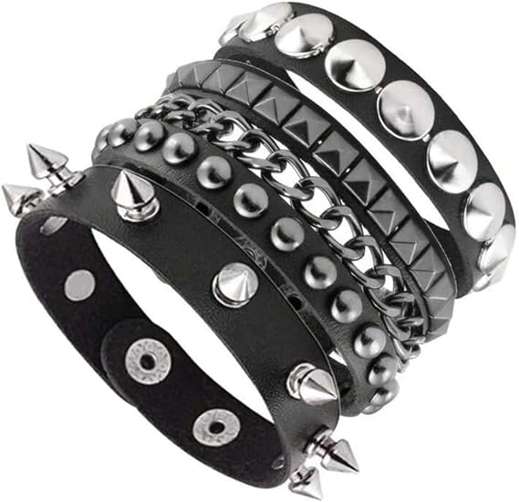 3 PCS Studded Bracelet,Goth Bracelets 80s Retro Style Wristband Halloween Party Accessories,Black Wide Studded Spikes Studded Cool Punk Steampunk
