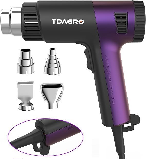1800W Heat Gun (122F-1202F) with 4 Nozzles & Temp Control | Hot air tool with 2 fan speeds & built-in overload protection for safe, precise vinyl wrapping, resin DIY & shrink tubing.