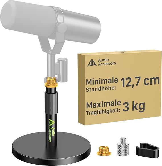 AA AUDIO ACCESSORY Mikrofonständer Tisch Ultra-Niedrige 127cm Höhenverstellbar 3kg Tragfähigkeit Vollmetall Mikrofon Tischstativ für Shure SM7B SM7dB MV7+ Fifine Blue Yeti Snowball Rode PodMic