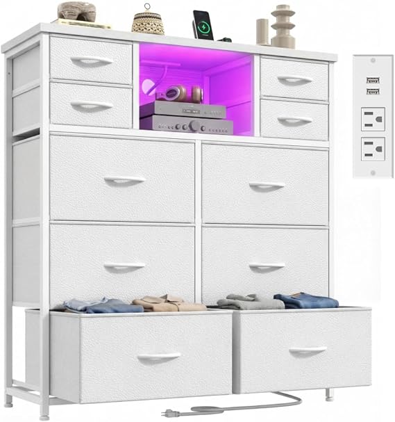 DurayLoly White Dresser for Bedroom with Charging Station & LED, 10 Drawers