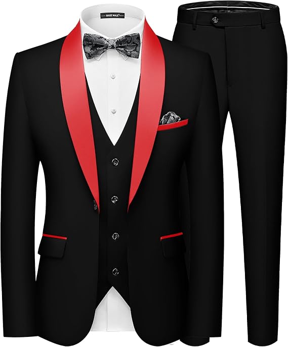 MAGE MALE Men's 3 Piece Tuxedo Suit Slim Fit Blazer Vest Pants Set | Wedding, prom;Adjustable waist straps & side tabs;Soft structured fabric with lasting drape;gift for family & friends