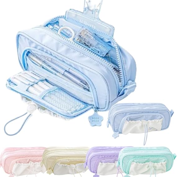 Pen Pouch Box Large Capacity Kawaii Star Drawstring Cute Pen Organizer Case Aesthetic Estuche para Lapices (at Seaside (Blue))
