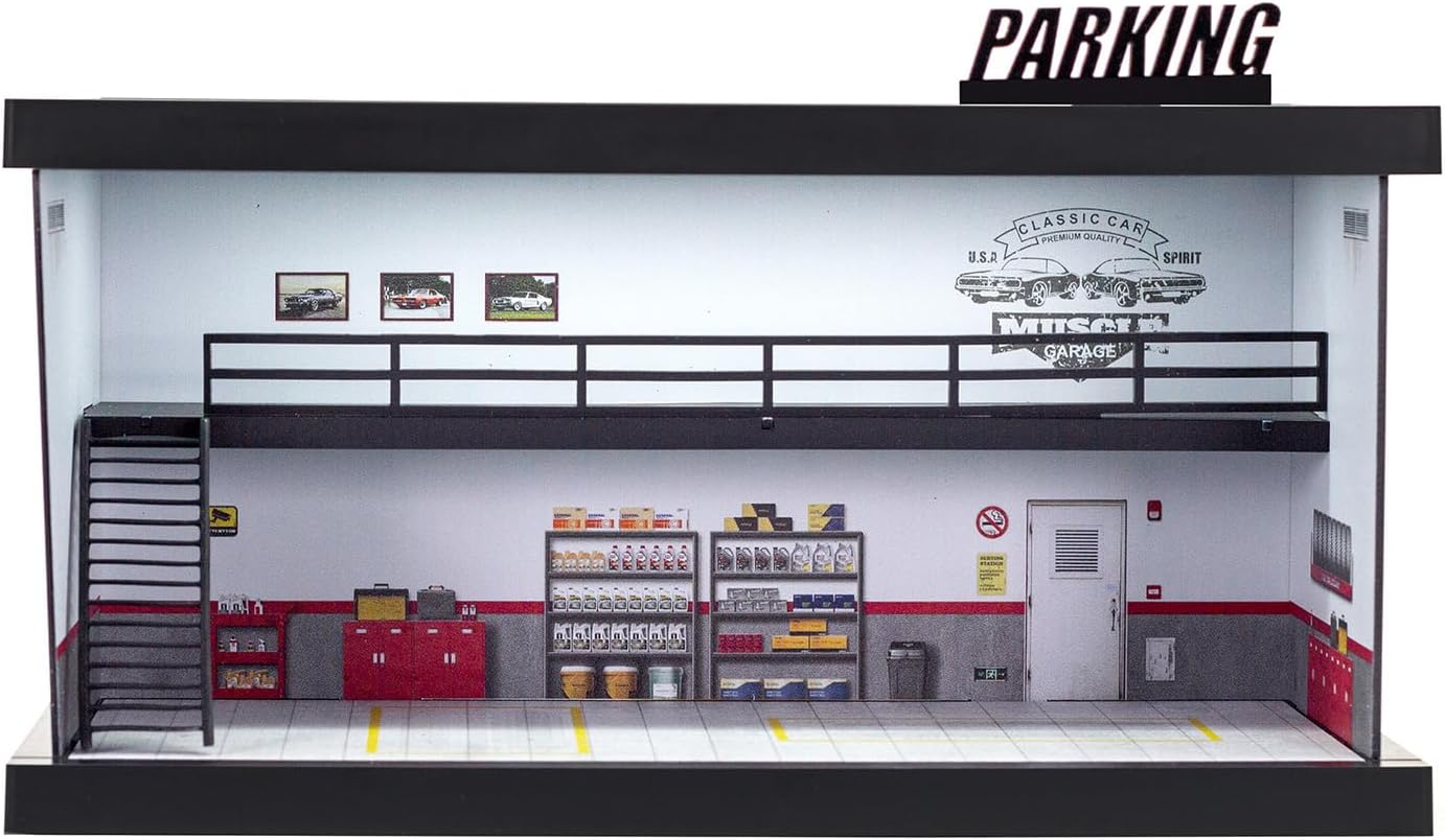 Two-Story Parking Scene, 164 Scale die-cast Model car Display Box with LED Lights and Acrylic, hot die-cast Wheel Parking Garage Diorama, Parking Scene die-cast car car Repair Shop