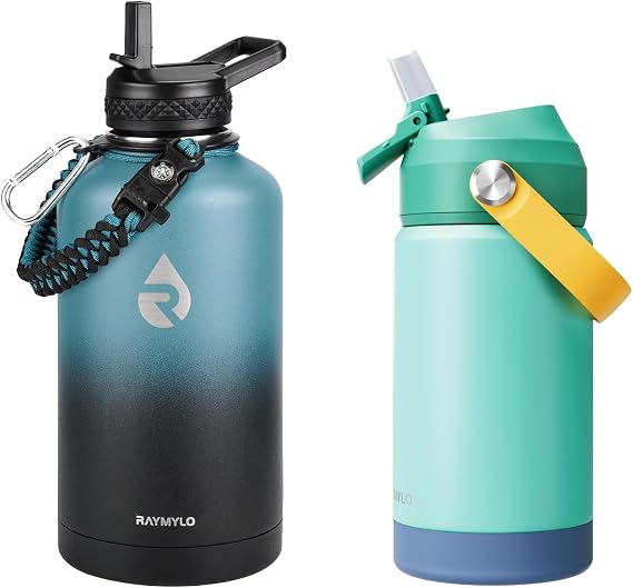 RAYMYLO Insulated Water Bottle 64oz (Indigo/Black) + Insulated Kids Water Bottle 12oz (Green Combination)