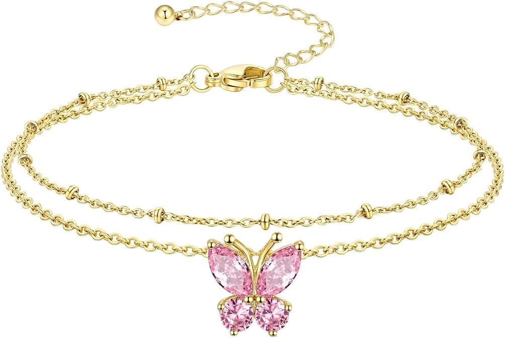 Richsteel Double Layer Heart/Butterfly Birthstone Anklet for Women | Non Tarnish Waterproof, Silver/Gold/Black Stainless Steel 8.5-10.5 Inch Adjustable Chain Anklets Summer Beach Foot Jewelry