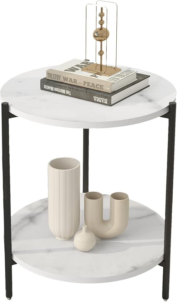Round Side Table Nightstand 2-Tier Coffee End Table for Living Room,Bedroom,Small Spaces,Easy Assembly,Modern Bedside Sofa Side Table with Steel Frame