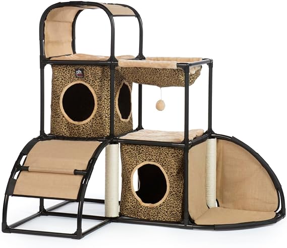 Prevue Pet Products Catville Townhome - Indoor Cat Tower with Scratching Post, Multi-Level Cat Tree Condo for Climbing, Condo with Perches, Furniture, and Dangling Toys - Leopard Print