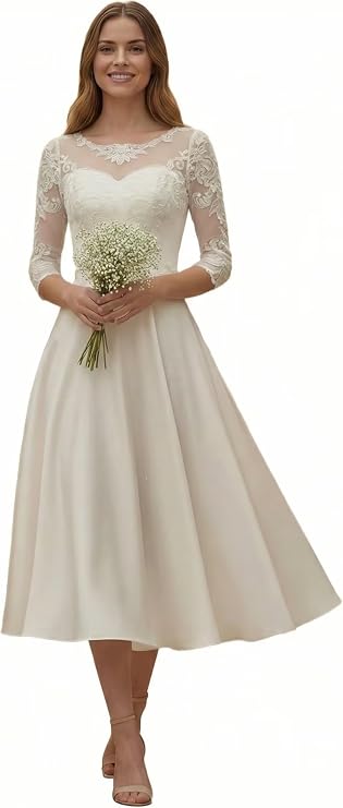 Scoop Lace Short Wedding Dresses for Bride Tea Length 3/4 Sleeves Satin Bridal Gowns HS002