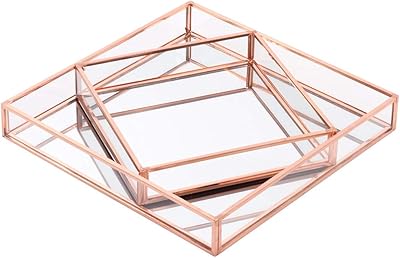 Koyal Wholesale Rose Gold Glass Mirror Square Trays Vanity Set of 2, Decorative Mirrored Trays for Coffee Table, Bar