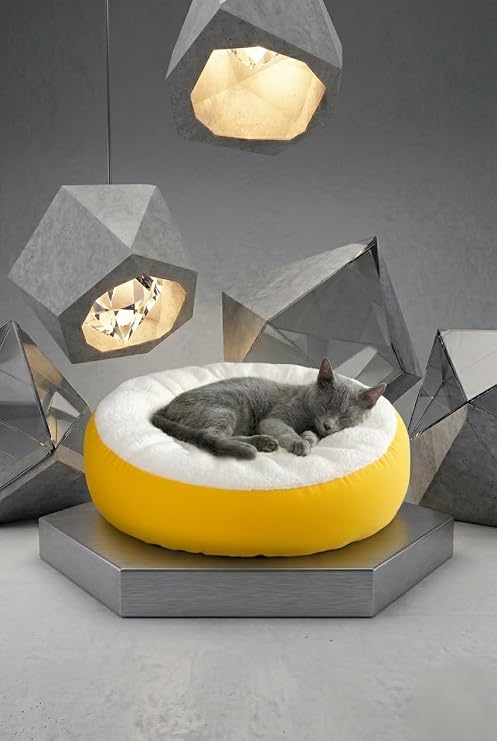 Çift Renk Simit Kedi Yatağı, Küçük Irk Köpek Yatağı, Sarı 55 Cm