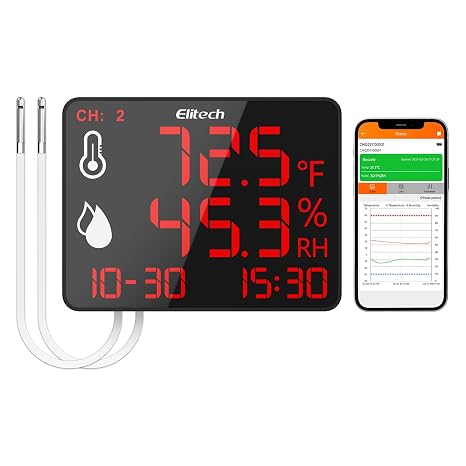 Elitech Bluetooth Hygrometer Thermometer Reusable Temperature Recorder Data Logger with Large Screen Data Storage Export, DR-230-THDE with Dual External Temperature and Humidity Sensor