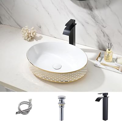 19 Inch Oval Vessel Sink with Faucet and Drain Combo,19x15 Inch Bathroom Sink Above Counter Ceramic Oval Bathroom Vessel Sink Art Basin Oval Shell Shaped Pattern Gold Edge Sink
