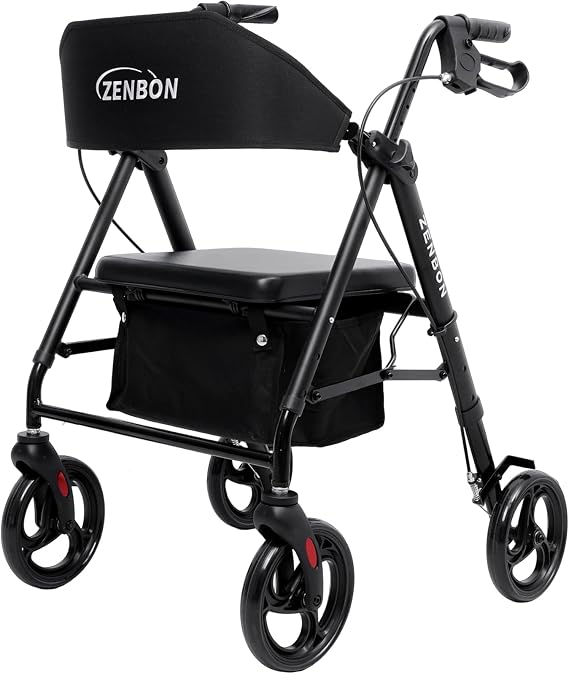 Rollator Walker with Seat: Foldable Rollator Walking Aid - Height Adjustable Lightweight Rollators Aluminum Frame - 8" Big Rubber Wheels Rolling Walker for All Terrain (Black)