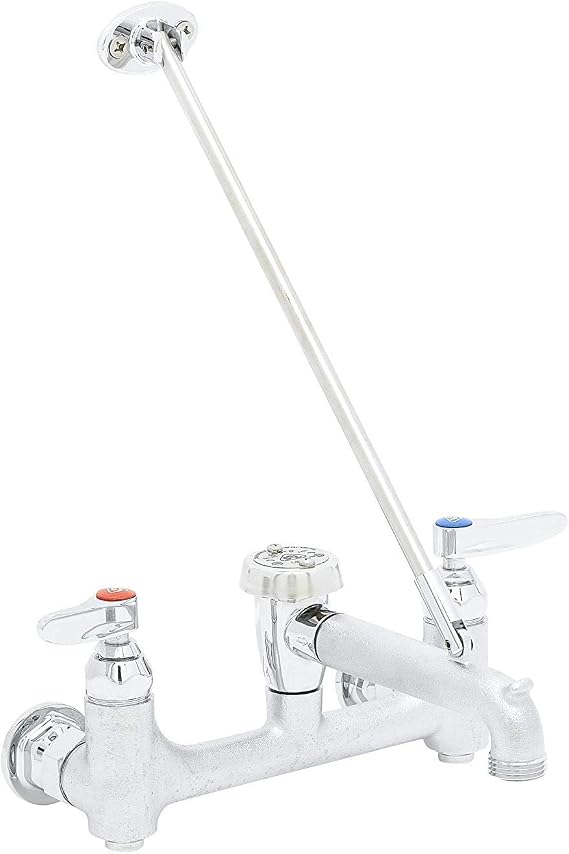 T&S Brass B-0665-BSTR Service Sink Faucet. 8" Wall Mount with Built in Stops, Vacuum Breaker, and Pail Hook. Rough Chrome with Garden Hose Male Outlet. (Pack of 1)