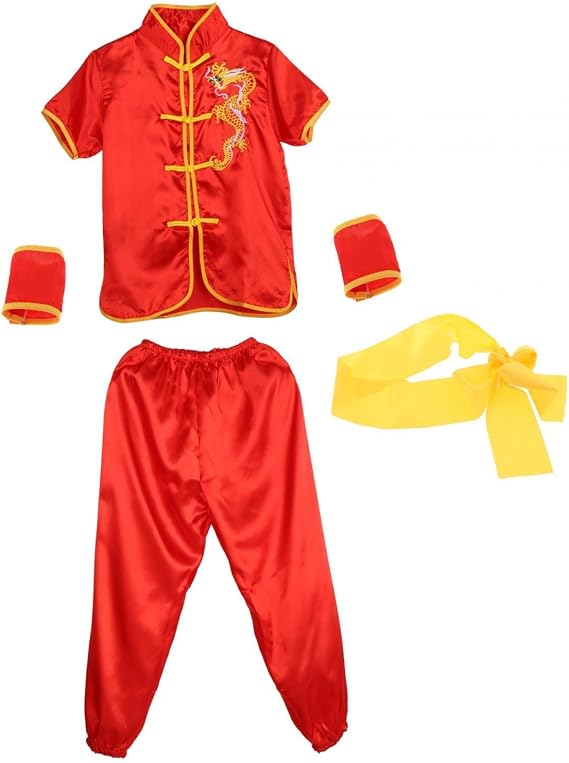 Premium Chinese Wushu Attire for Men and Women Traditional Kung Fu Uniform with Dragon Embroidery Martial Arts Training Costume- Medium Red 150