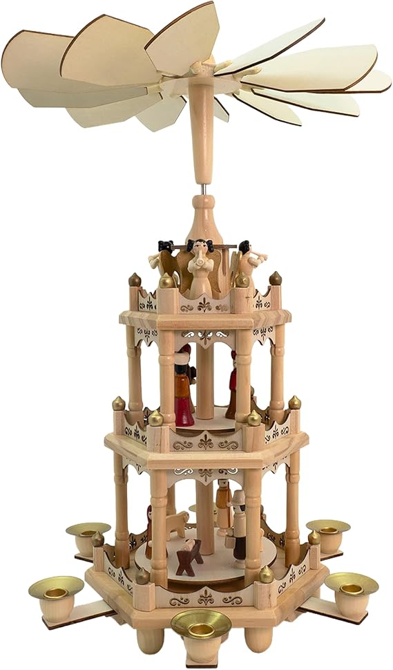 Christmas Wooden Windmill Pyramid 18 Inch -3 Tier Candle Carousel | with Hand-Painted Nativity Scene with Turning Wings with 6 Candle Holders