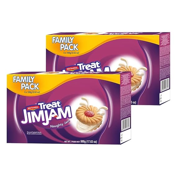 Britannia Treat Naughty Jim Jam Sandwich Biscuits 17.62oz (500g) - Breakfast & Tea Time Snacks - Delicious Grocery Cookies (Pack of 2)