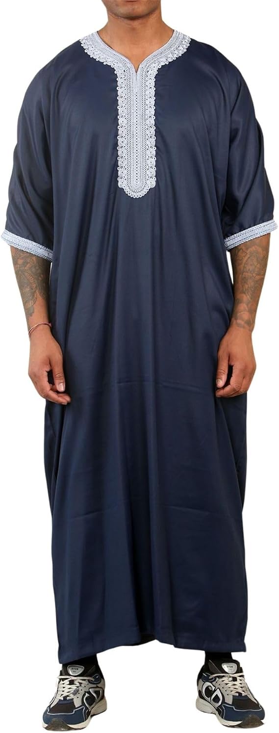 Men's Navy Moroccan Thobe Short Sleeve Gandoura Blue Embroidery Kaftan