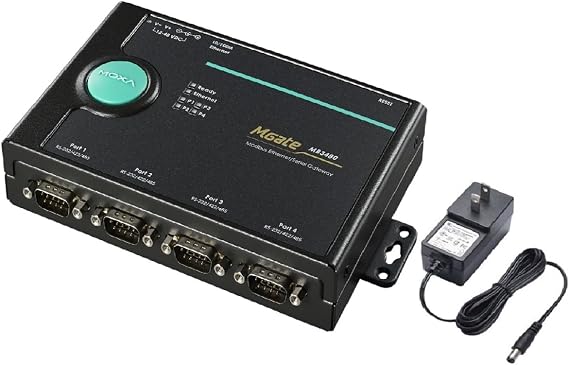 Moxa MGate MB3480 with Adapter - 4-Port RS-232/422/485, 3 in 1 Gateway Standard Modbus TCP Serial Comm., US Plug,