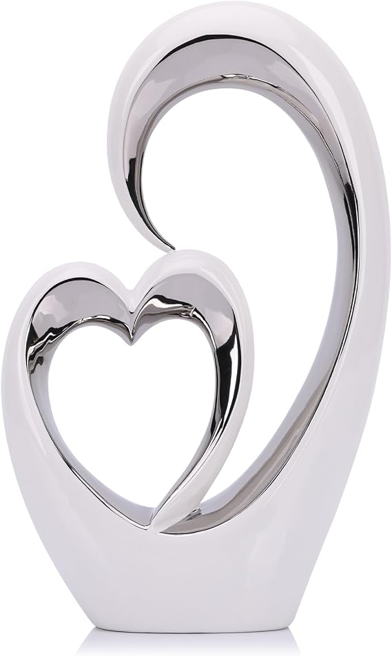 LCCCK Ceramic Heart Decor, Love Statue in White and Silver, Ideal for Bedroom, Romantic Wedding Table Centerpieces, Shelf, Desk, and Entrance Table