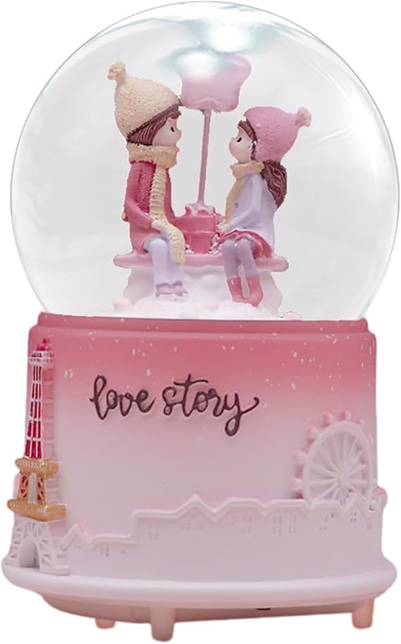 awakentti Musical Snow Globes, Cute Light up Crystal Ball with Cartoon Couple Statue, Three-Dimensional Display, Clear Water Globe Musical Lighted Decoration for Valentines