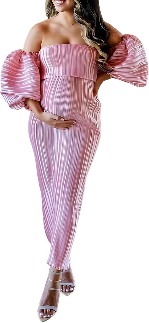 Pink Maternity Dresses for Baby Shower, Off the Shoulder Pregnancy Photoshoot Maxi Gown for Women