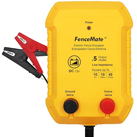 FenceMate Battery Powered Electric Fence Charger Output 0.5J up to 10 Miles to Contain Poultry, Livestock, Fencer to Protect Homestead, Garden, Pond, Orchard,Peak 10 kV, Low Impedance Fence Energizer