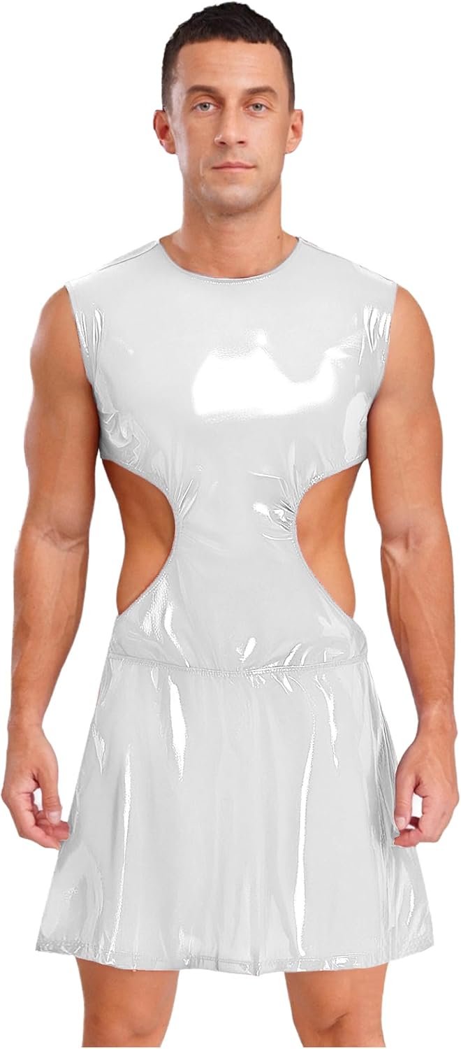 Jugaoge Mens Wet Look Leather Sissy Bodycon Dress Hollow Out Latex Glossy Lingerie Outfit Nightwear
