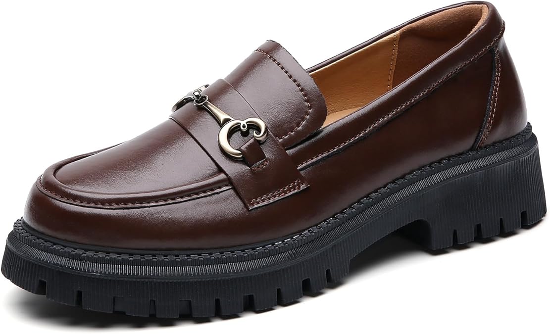 OKJ Women Black Platform Loafers Metal Chain Slip On Comfort Office Shoes | Women's Chunky Classic Womens Leather Penny casual Comfortable Work Business Dressy formal Shoes Ladies