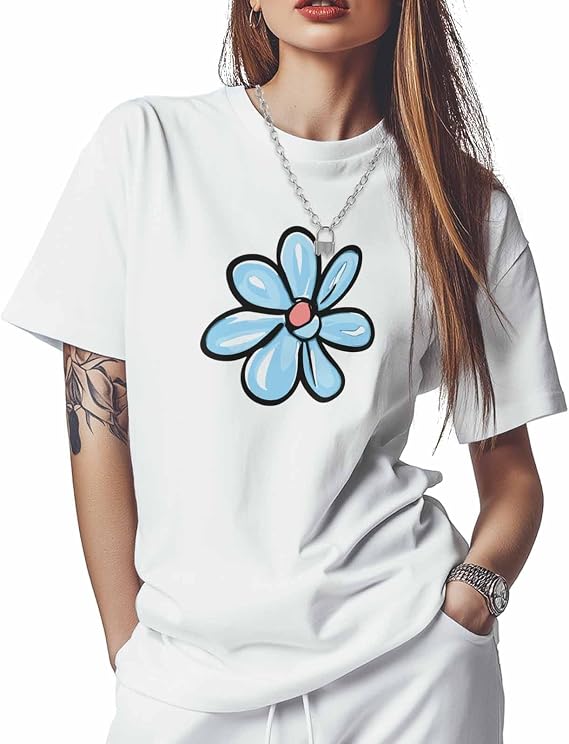 Black T Shirt for Women Boho Blue Daisy Cute Floral Wildflower Short Sleeve Casual Summer Tees Tops