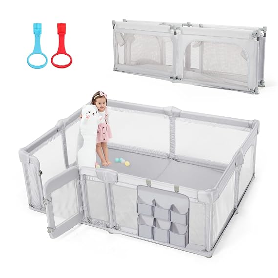 Baby Playpen,79"x59" Foldable Playpen for Babies and Toddlers with Gate,Large Play Pens with Zipper Door,Baby Play Yards Play Area(Grey)