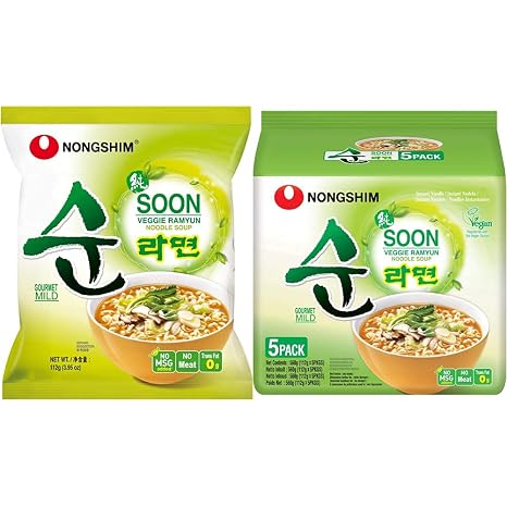 Nong Shim Instant Noodles Soon Veggie Ramyun - Korean Vegetable Ramen Soup Mild - Value Pack of 20 x 112 g & Instant Noodles Soon Veggie Ramyun - Vegetable Ramen Soup Mild - 1 Value Pack of 560 g