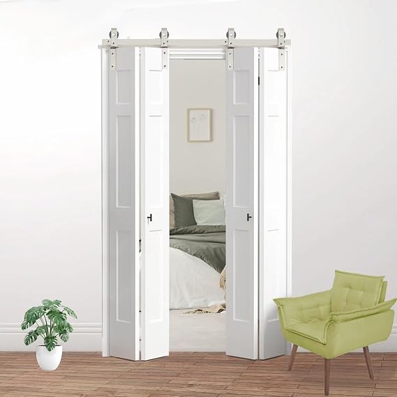 48in x 84in White Bi-fold Barn Door Sliding Double Barn Doors with Silver Hardware Kit Included,52" Track Kit for 4 Doors,Solid MDF Door with Water-Proof PVC Surface,Assembly Required