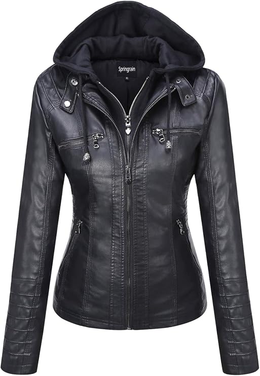 Springrain Women's Faux Leather Jacket Moto Biker Coat for Fall and Winter | Detachable Hood Windproof Motorcycle Jacket Outerwear, Long Sleeve and Zip Up, Two Side Pockets