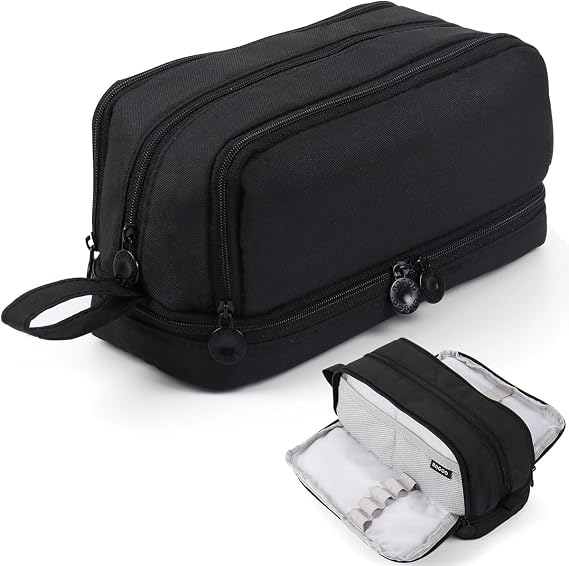 MAMUNU Large Capacity Pencil Case 4 Compartments, Big Pen Pouch with Zipper Portable Handle, Aesthetic Pencil Case Pen Bag Stationery Organizer for Office College School Teen Girl Boy Men Women, Black