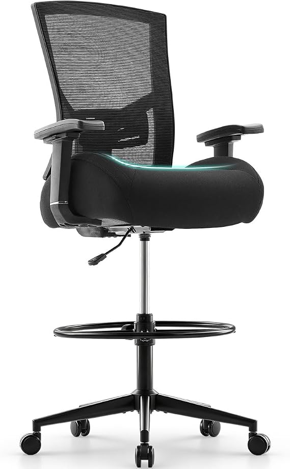 500lbs Drafting Chair,Big and Tall Office Chair for Standing Desk with Wide Seat,2D Adjustable Lumbar Support,Ergonomic Office Chair with Footrest for Home,Drawing or Counter Height Use