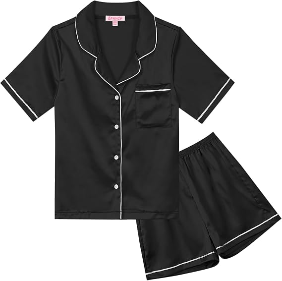 QPANCY Kids Satin Pajamas Boy Girl Button-Down Silk Sleepwear 2 Piece Pjs