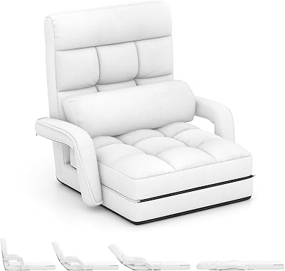 KOMFOTT Foldable Floor Lazy Sofa Chair, Indoor Chaise Lounge Chair with 6 Positions Adjustable Backrest, Detachable Seat Cushion, Armrests & Pillow, Cozy Floor Chair for Living Room, Bedroom White