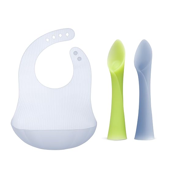 Olababy Training Spoon Set (Kiwi/Blueberry) + Olababy Fold N Go Silicone Baby Bib w Travel Case (Blueberry)