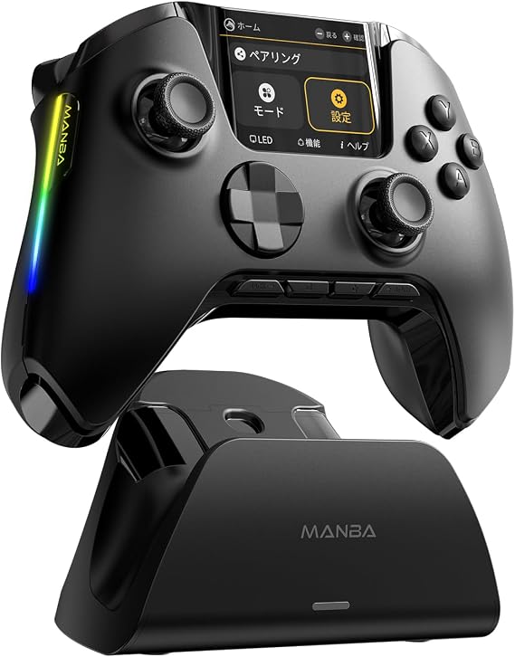 ManbaOne V2 PC コントローラー 多機能LCDディスプレイ付き PC/Switch2/Switch/Android/iOS対応 ドリフト防止ホールスティック トリガーストップ付き TURBO連射 メカニカルスイッチボタン ゲームパッド 1800mAh大容量バッテリー 4つ背面ボタン 有線/無線接続 黒い