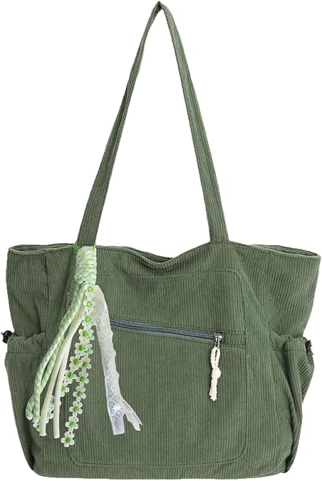 Corduroy Work Tote Bags with Zipper, Shoulder Bags Handbags for Women with Cup Holder, Casual Shopping Bag for Women Girls, Tote Bag for Work School College Travel Daily Use, 34 * 30 * 15CM
