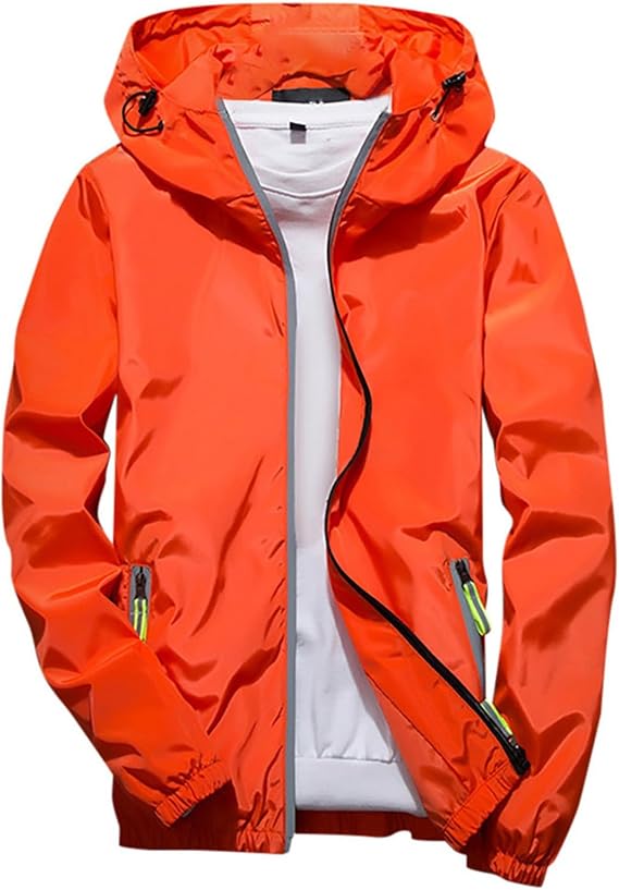 Mens Reflective Jacket Waterproof with Hood Zipper Long Sleeve Fishing Lightweight Windbreaker Packable Raincoat
